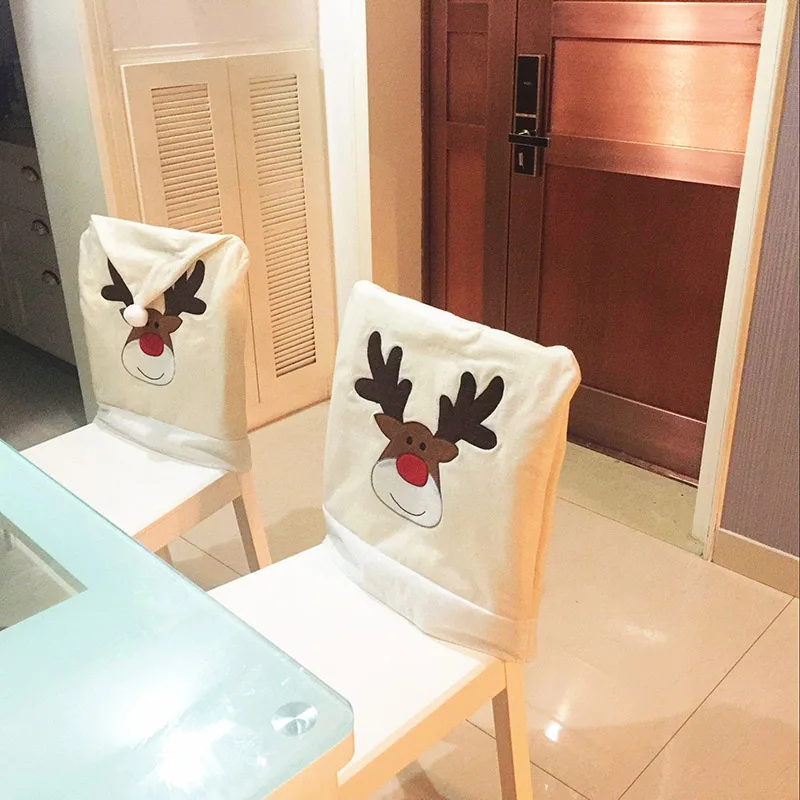 

Deer Hat Chair Covers Dust-Proof Christmas Decor Dinner Chair Xmas Cap Sets Reindeer Home Decorations