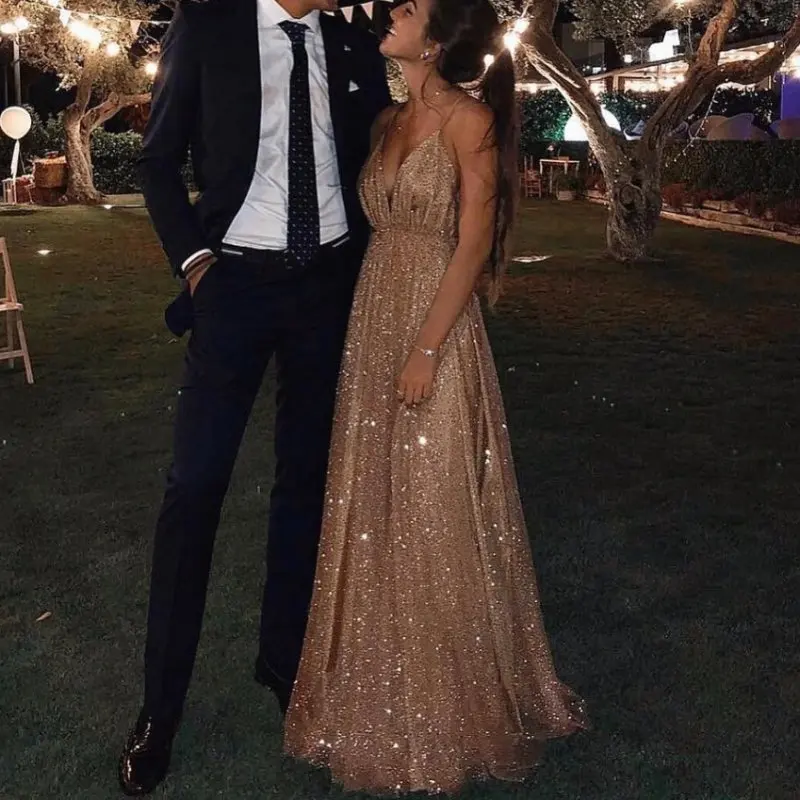 

BBQ067 Latex Strapless Bling Bling Sequins V-neck Evening Dresses 2020 A Line Backless Prom Gowns Sale Custom Made In China