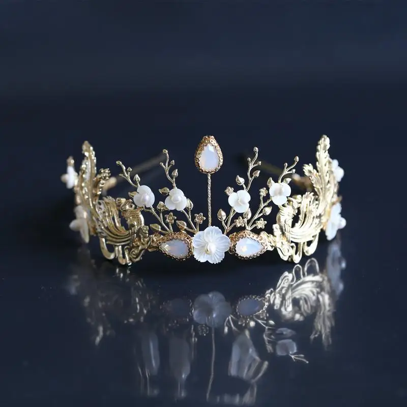 

Vintage Gold Tiara Crown Copper Pearl Opal Headband Princess Flower Leaf Hairband Bride Wedding Hair Accessories Bridal Jewelry