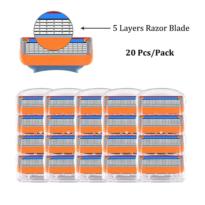 

Men Manual Shaving Razor Blades 5 Layers Stainless Steel Replacement Heads For Gillettee Fusione 20pcs/Pack Shaving Cassettes