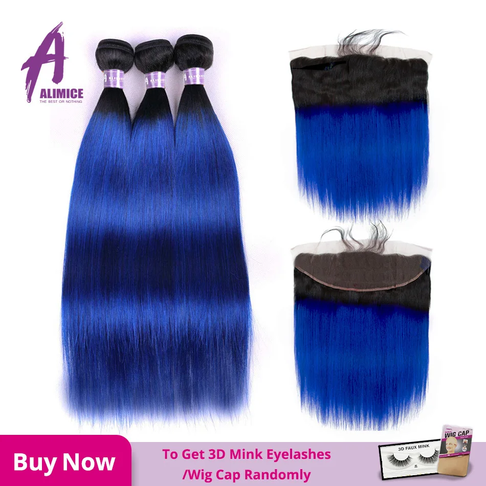 

Alimice Ombre Brazilian Straight Bundles With 13*4 Frontal Blue 100% Human Hair Weave Remy 3 Bundles Hair With Frontal