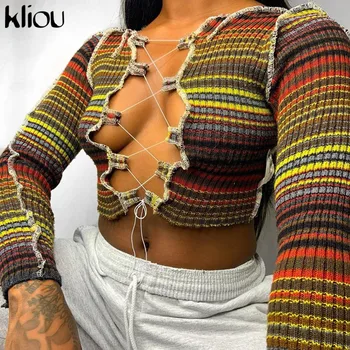 

Kliou Ribbed Multi Print Patchwork Hollow Out T-shirts Women Autumn O-neck Lace Up Elastic Crop Tops Sexy Clubwear Female Tees