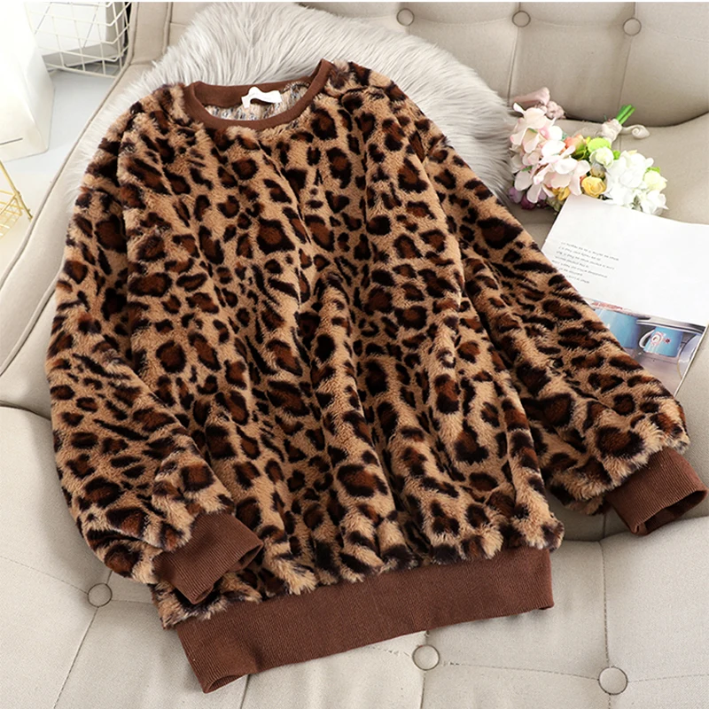 Свитер с леопардовым принтом, джемпер, свитер большого размера, пушистый мех, пушистые зимние свитера для женщин,, Корейская винтажная одежда с длинным рукавом