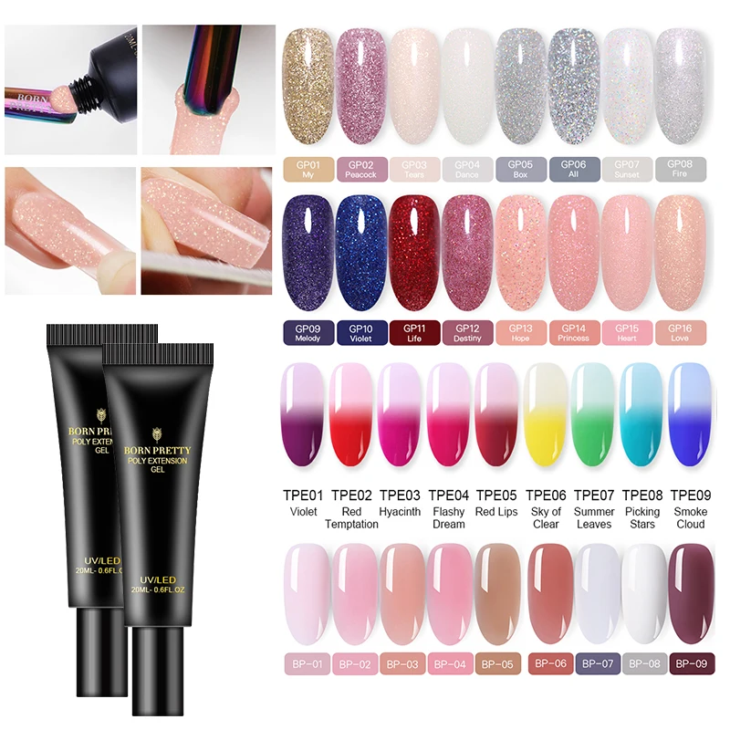 

BORN PRETTY Poly UV Gel For Builder Nail Gel Extension 20ml White Clear Glitterly Temperature Color Changing Quick Extension Gel