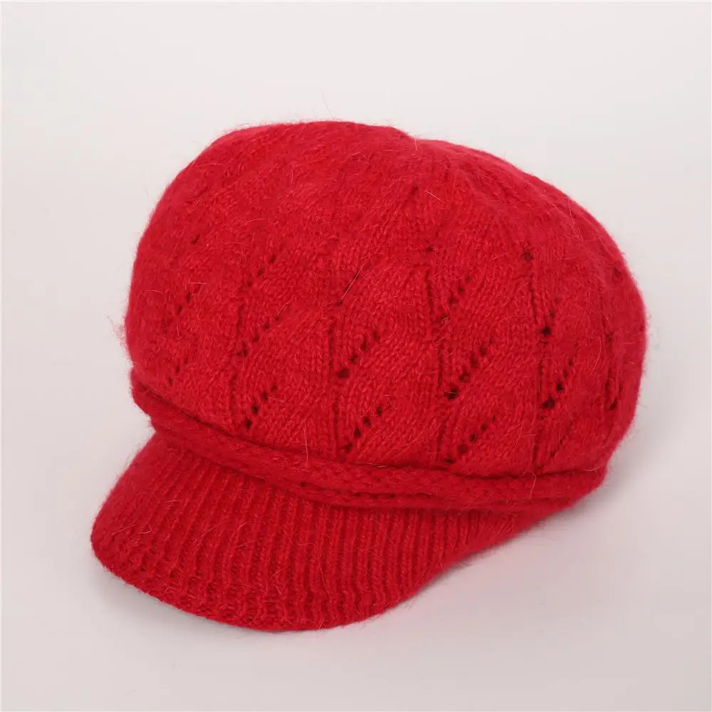 Новинка, вязаная шапка плюс бархатная теплая шапка с листьями из кроличьей шерсти, европейский и американский женский зимний Одноцветный берет - Цвет: Красный