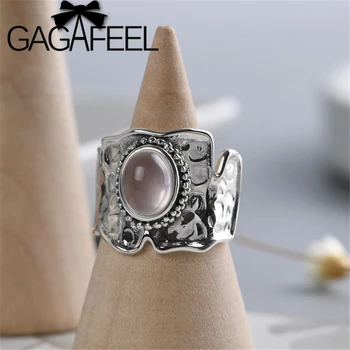 

GAGAFEEL Retro Pink Stone Rings for Women Wide Adjustable Female Ring Fashion Jewelry S925 Sterling Silver Open Ring