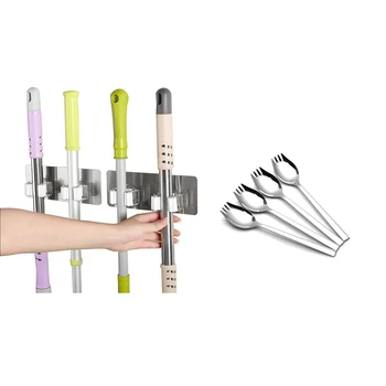 

4-Pack 304 Stainless Steel Sporks Everyday Use & 2Pcs Spring Wall Broom Sticker Multi-Spots Non-Trace Storage Organizer