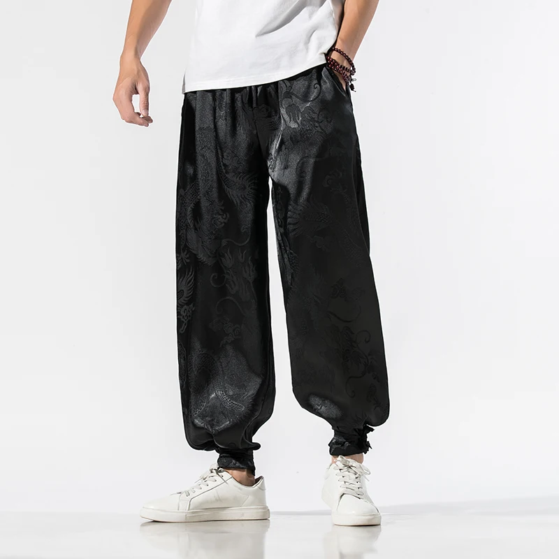

2023 Chinese Style Men Dragon Print Casual Harem Pants Mens Wide leg Joggers Trousers Male Hip Hop Loose Ankle Banded Pants