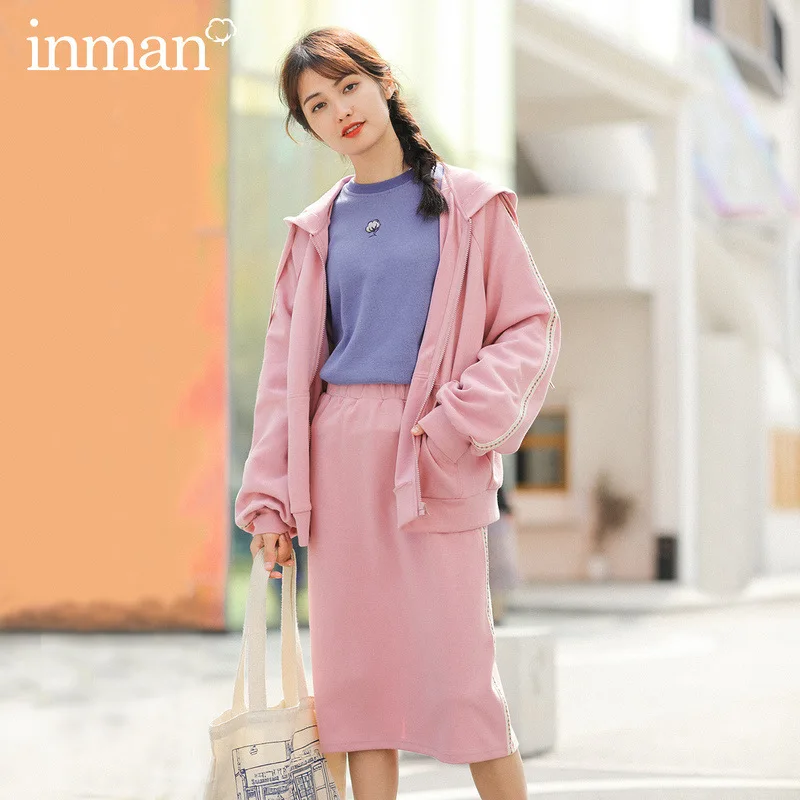 Pink INMAN; Новое поступление года; Весенний костюм из двух предметов с капюшоном и юбкой - Цвет: Pink