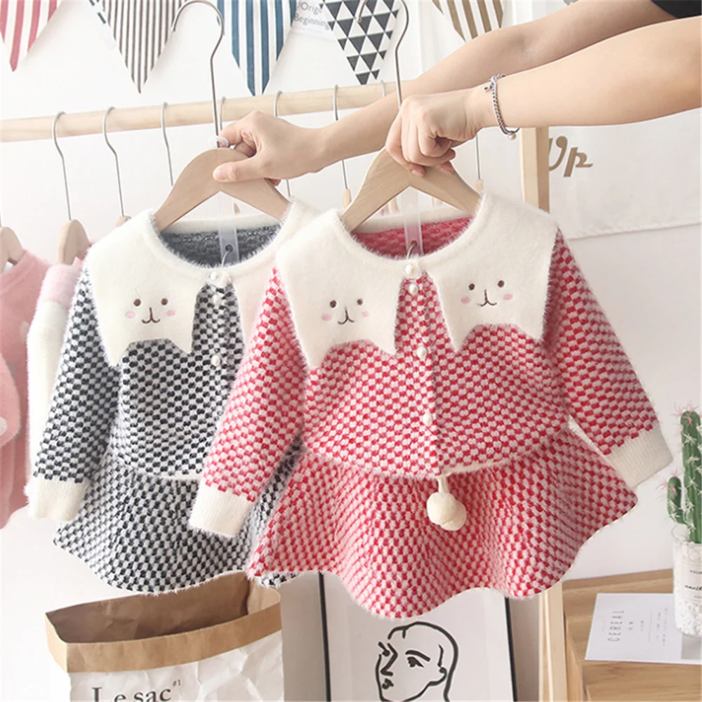 Комплект детской одежды для маленьких девочек, кружевной клетчатый свитер, рубашка, юбка, костюм для девочек, зимняя Милая трикотажная одежда для малышей Комплект детской одежды из 2 предметов