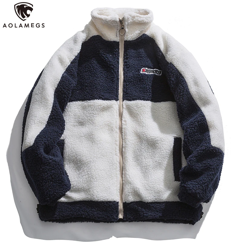 

Aolamegs Jacket Men Plus Velvet Coat Thick Warm Retro Patchwork Color Jackets Fashion Style Cozy High Street Winter Streetwear