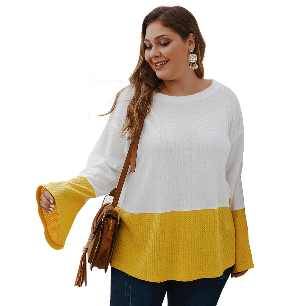 

Plus size Elegant Stripped Patchwork women Knitwear Casual Long flare Sleeve pullovers Autunm O Neck Loose office women sweaters