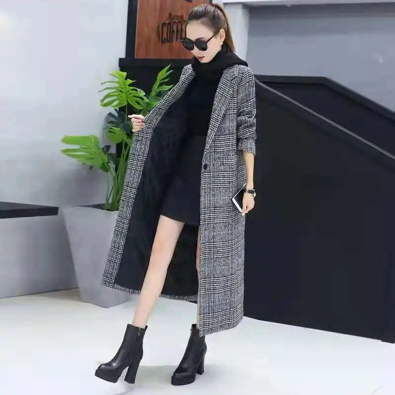 

2019 Autumn & Winter New Style plus Thick Cotton Mid-length Thousands of Birds Woolen Jacket Women's Slim Fit over-the-Knee Wool