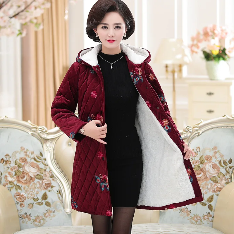 

Mom Winter Cotton-padded Clothes Mid-length Winter Middle Aged And Elderly People Coat Brushed And Thick Cotton-padded Jacket Wo