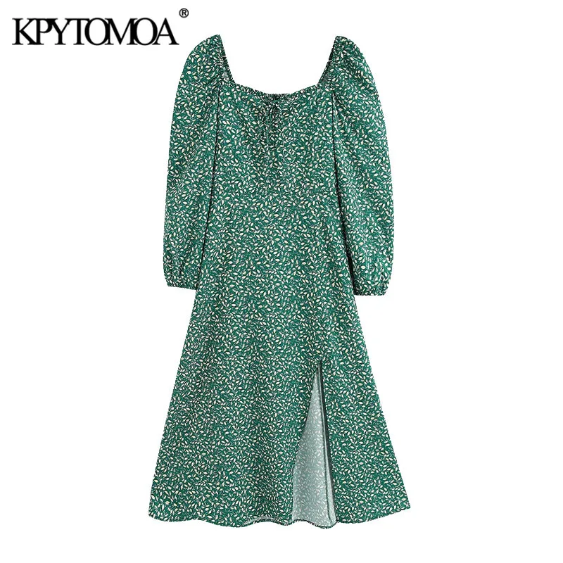 KPYTOMOA Women 2020 Chic Fashion Printed Ruffles Drawstring Midi Dress Vintage Puff Sleeve Side Slit Female Dresses Vestidos
