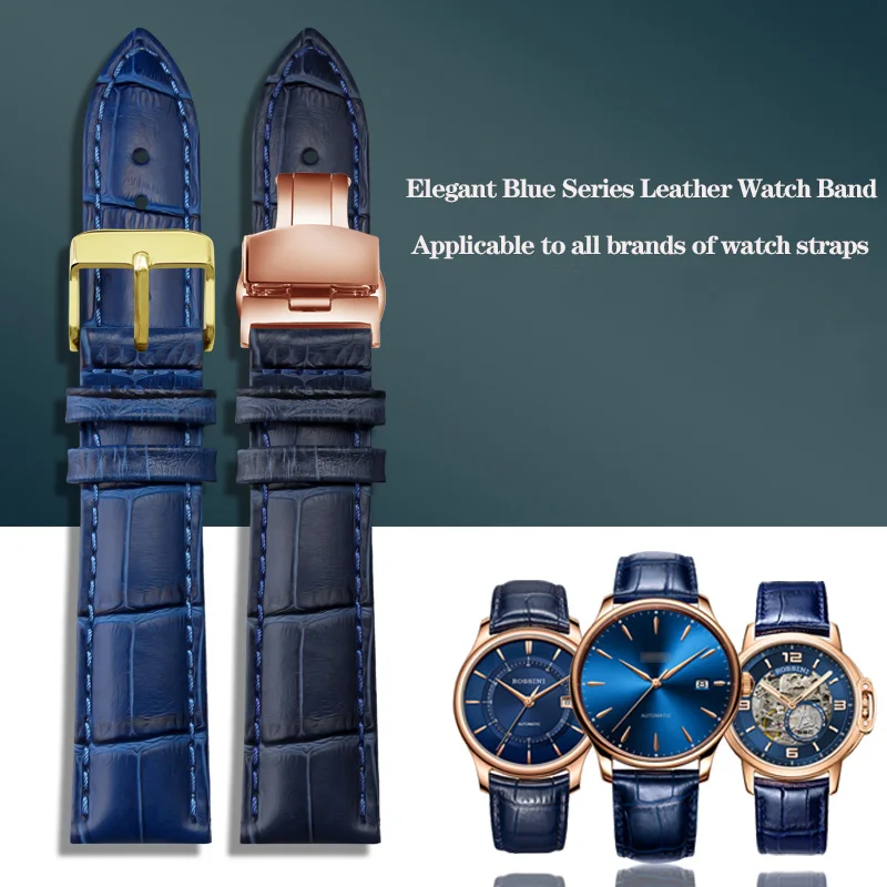 Cinturino Orologio In Pelle Blu Scuro Con Fibbia Farfalla - 12mm A 23mm - Morbido E Comodo