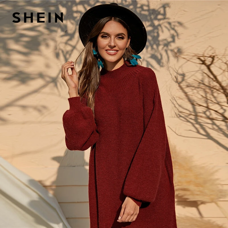 SHEIN бургундское однотонное Повседневное платье-туника с воротником-стойкой, платье-свитер для женщин, осеннее платье с рукавом Бишоп, женские прямые Зимние Платья Миди