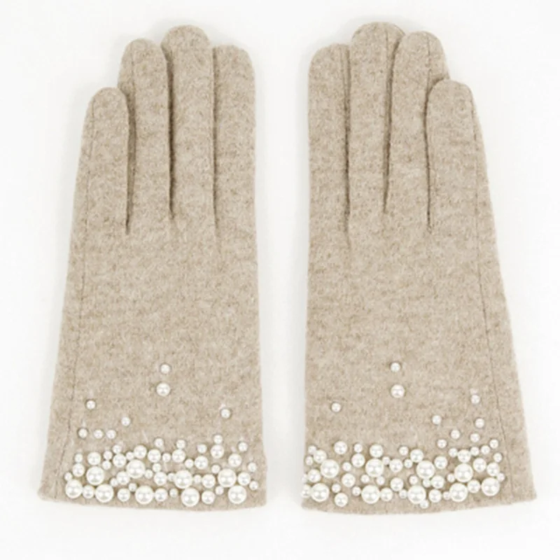 Female Luxury Wool Warm Full Finger Pearl Gloves Winter Touch Screen Mittens Women Rabbit Cashmere Thicken Driving Gloves H58 9