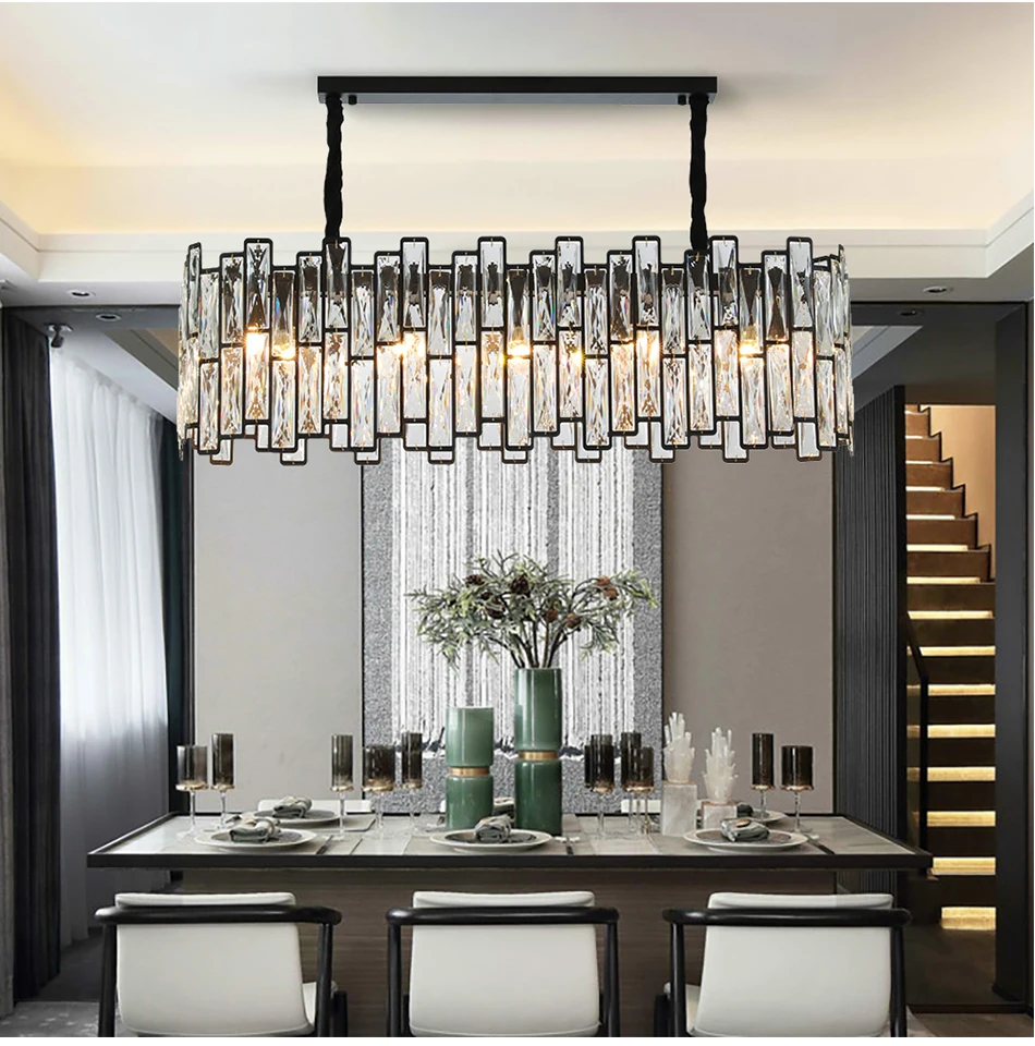 Современная черная прямоугольная хрустальная люстра, люстра с блестящим дизайном, светодиодные люстры для гостиной, кухни, подвесные лампы