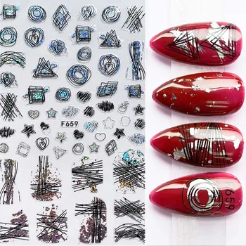 

1 Sheet Holo Glitter 3D Nail Sticker Black Gold Lines Summer Leaves Leaf Foils Geometric Slider Nail Art Adhesive Decoration