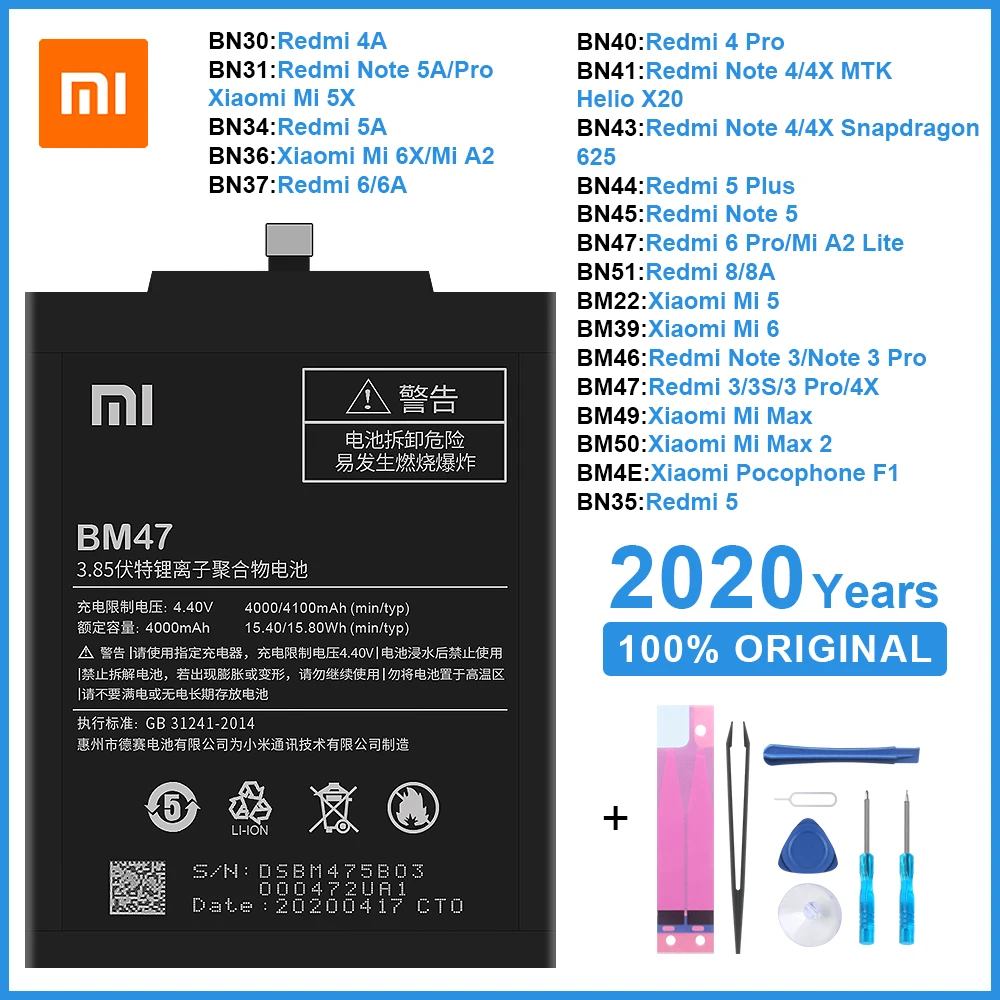 Оригинальный аккумулятор для телефона BM47 BN30 BN34 BM22 Xiaomi Redmi 3 3S/X 4X 4/5/A 6 8 Note 3/4/4X/5/5A/6 Pro