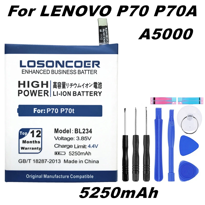Losoncoer 5250 мА/ч, BL234 Батарея для lenovo A5000 Vibe P1M P1MA40 P70 P70t P70-T P70A P70-A Батарея+ быстрое поступление