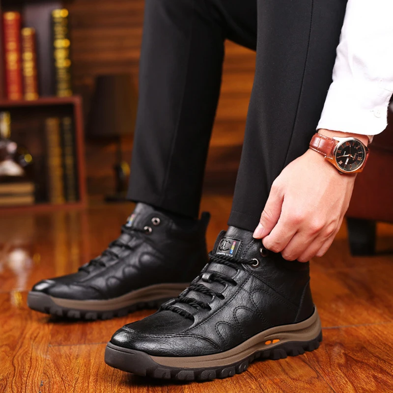 Men Leather Boots Wool Fur Thick Composite Sole Winter Shoes Men Cowhide Leather Designer Outdoors Ankle Boots For Man outdoor boots,men leather boots