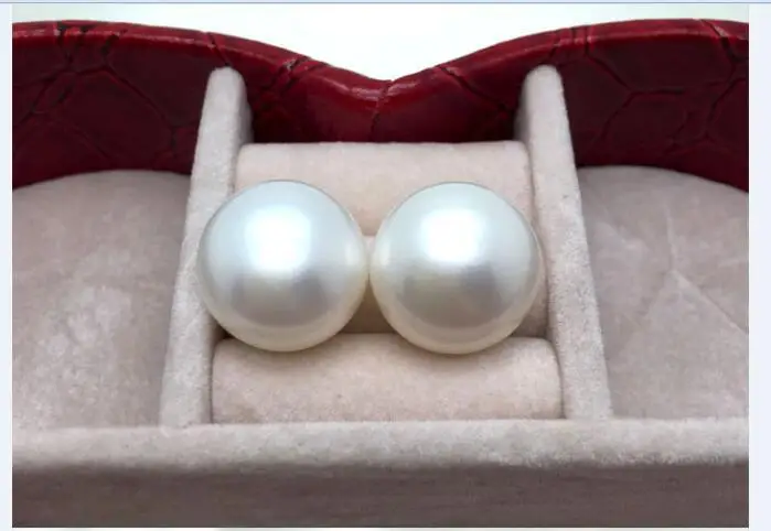 

PAIR HUGE 14-15MM NATURAL SOUTH SEA GENUINE WHITE ROUND PEARL STUD EARRING 14k