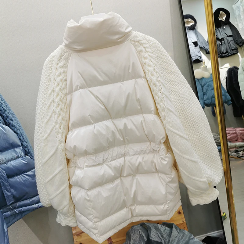 Koop Winterjas Vrouwen 2019 Vrouwelijke vrouwen Winter Witte Eendendons Jas Jas Mouw Wollen Korte Vrouwelijke Dikke Warme Losse down Parka