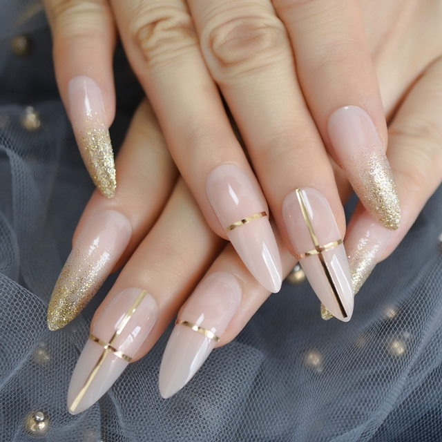 Long STILETTO False Nails Pre-designed Curved Pink Marble Press On Nails including glue sticker