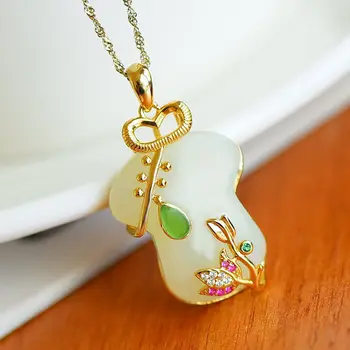 

silver inlaid natural Hetian white jade brocade Pendant Necklace with unique Chinese ancient gold craft women's brand jewelry