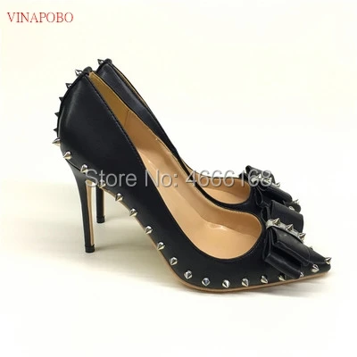 black rivet bow-knot high heels patent PU leather high heel women's shoes 10cm 12cm wedding shoes woman Party shoes bridal shoe