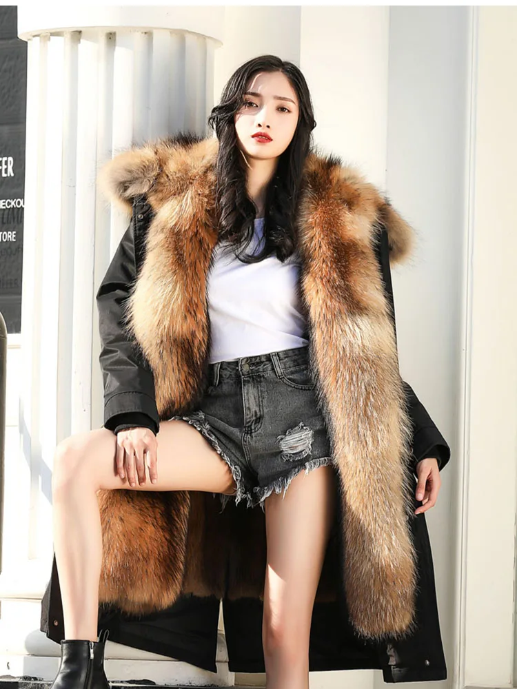 real fur coat winter jacket parka nutural raccoon fur collar real mink lining women coat drawstring waist