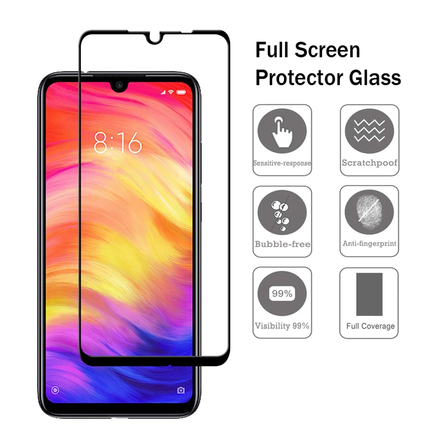 Черная защитная пленка на весь экран для Xiaomi Redmi Note 8 Pro из закаленного стекла 7