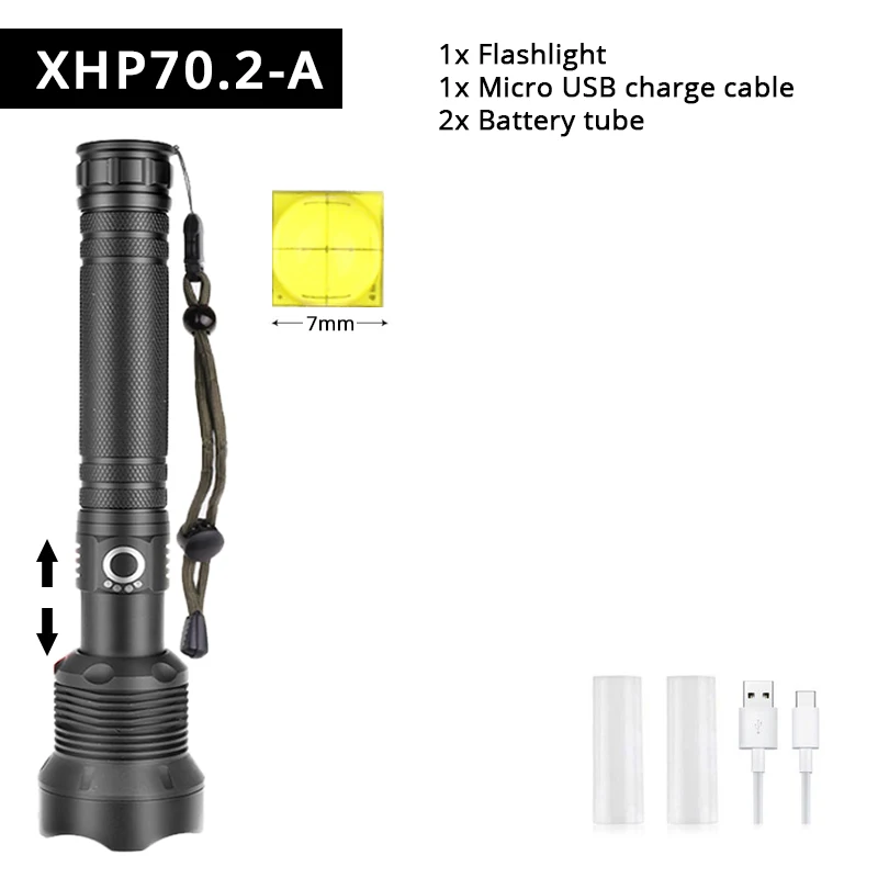 Мощный светодиодный фонарь XHP90, 3 режима освещения, перезаряжаемый через USB, водонепроницаемый, телескопический, супер яркий, охотничий, тактический фонарь - Испускаемый цвет: XHP70.2-A