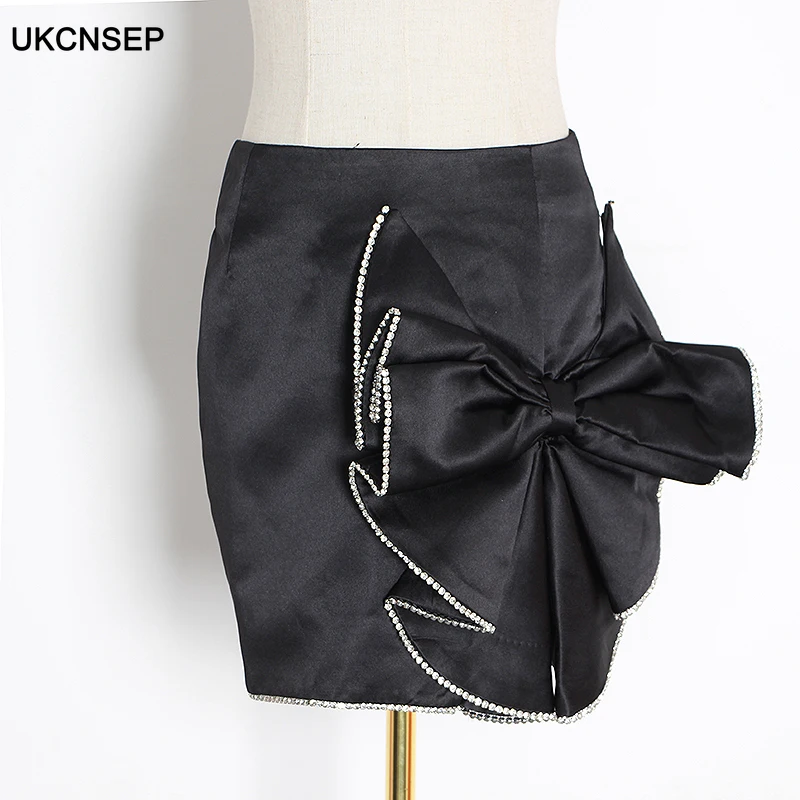 

UKCNSEP 2020 Spring Fashion New Patchwork Bow knot Diamond Women's Skirts High Waist Asymmetrical Elegant Skirt Female