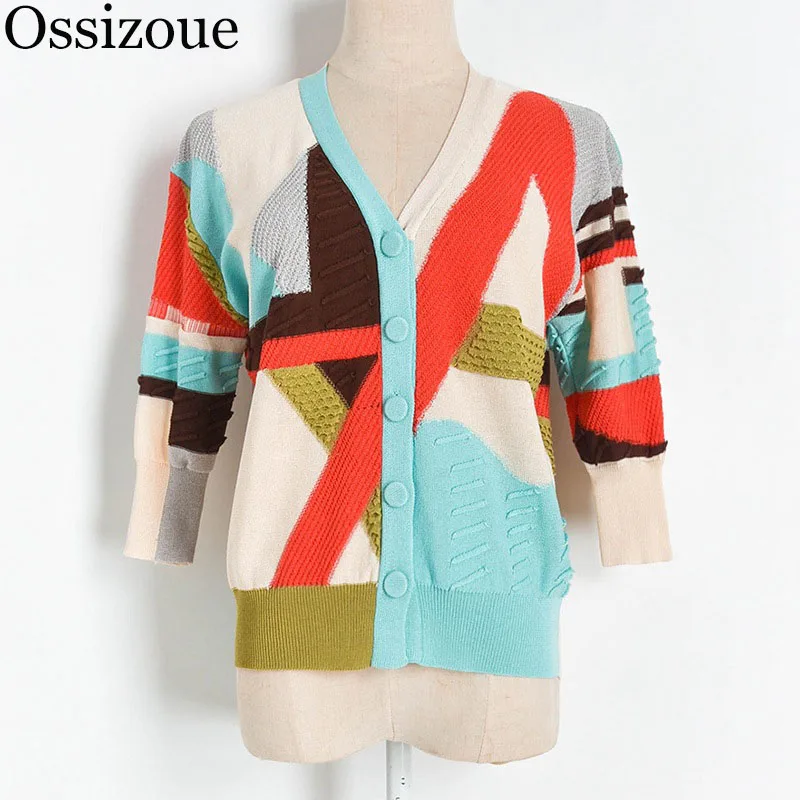 2020 Sweater Women Spring Autumn 3/4 Sleeve Cardigan V-neck Patchwork Preppy Style Vintage Coat Casual Loose Knitwear |