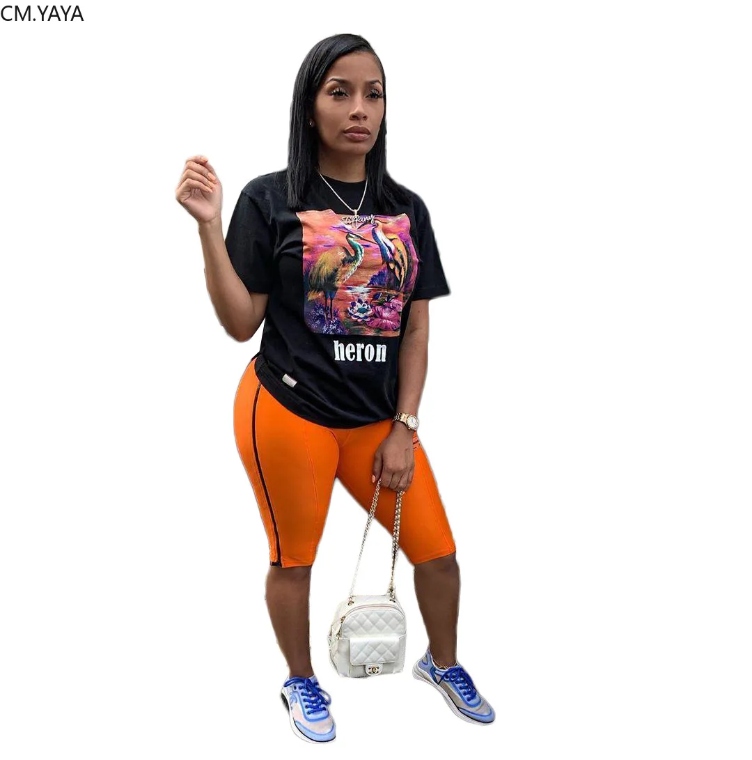 

2019 Women summer new animal print black tee top & knee length pants suit two piece set beach sporting tracksuit outfit GLA8116
