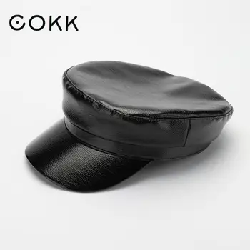 

COKK Pu Leather Caps Hats For Women Autumn Winter Military Hat Flat Top Street Show Hip Hop Casual Vintage Military Cap Gorros