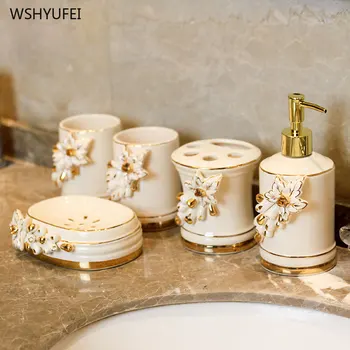 

5Pcs European Palace Ceramic Bathroom Washing Set Bathroom Creative Embossed Flower Bathroom Bathroom Toothbrush Cup Washing Cup