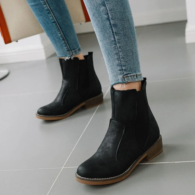 Moda Mujer botas Casual cuero bajo tacones altos Zapatos de primavera Mujer puntiagudos de goma negros Mujer # g4 _ - AliExpress Mobile