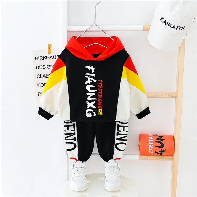 US $11.02 HYLKIDHUOSE 2020 Spring Toddler Clothing Sets Baby Girls Boys Patchwork Hooded T Shirt Pants Casual