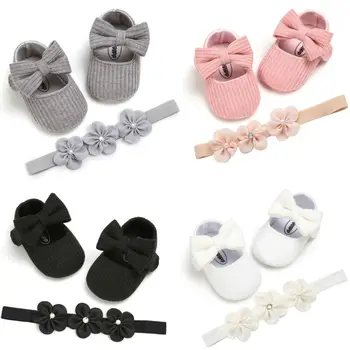 

Baby Casual Shoes Girls Shoes Bow Soft Sole Cotton Princess Party Princess Flats Crib Anti-slip Prewalkers+Headband