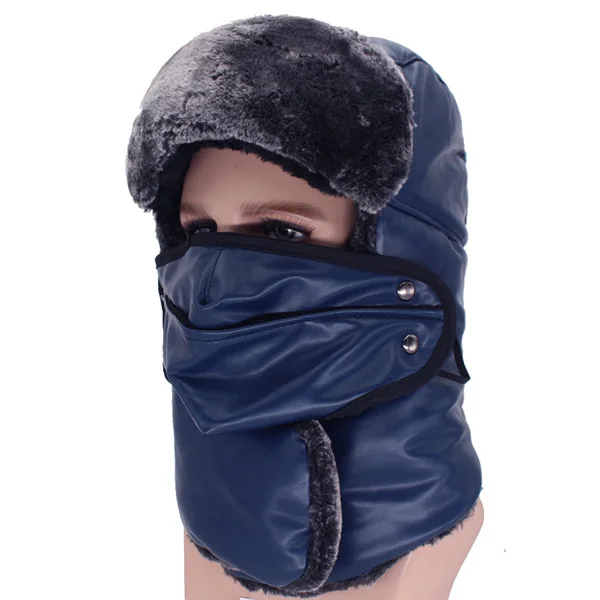 navy blue Искусственная кожа мужчины бомбер шапки для мужчин зимние шапки для мужчин PU толстый мех Балаклава ушанка теплая маска Мужская Женская зимняя шапка-ушанка - Цвет: navy blue