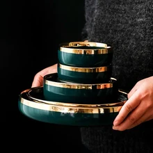 Kinglang klin verde cerâmica placa de embutimento de ouro bife placa comida nordic talheres tigela prato high end porcelana louça conjunto(China)