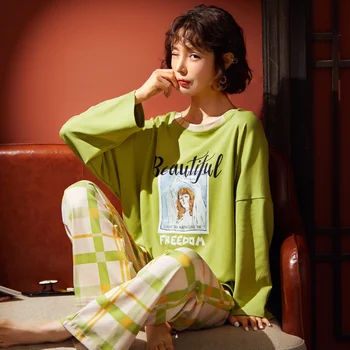 

2020 Autumn Plus Size Long Sleeve Cotton Print Pajama Sets for Women Korean Sleepwear Pyjamas Homewear Pijama Mujer Home Clothes