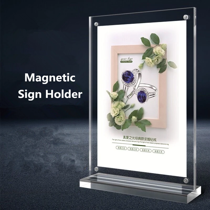 Sloan Creations 4x6 Magnetic Landscape T Shaped Acrylic Double Sided Desktop Photo Frame/Menu Holder/Sign Display 10, 4 x 6 Landscape 