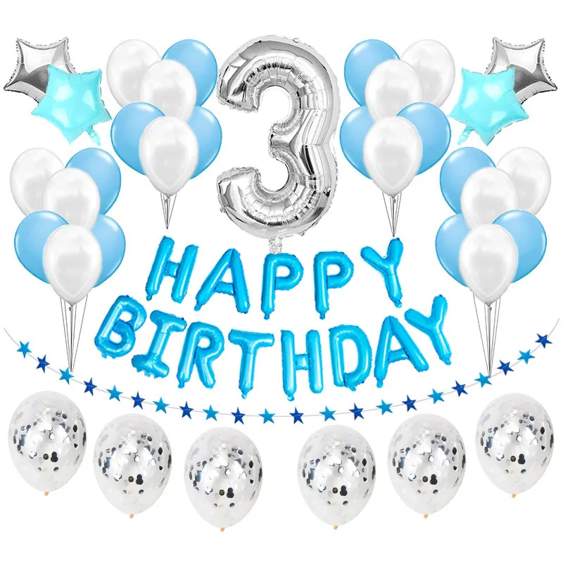 36 шт., серебристые, синие, праздничные украшения для дня рождения, Детские воздушные шары, набор для маленьких мальчиков, баллон, латексный, гелиевый воздух, воздушный шар из фольги, номер 1, 2, 5 - Цвет: 3 birthday