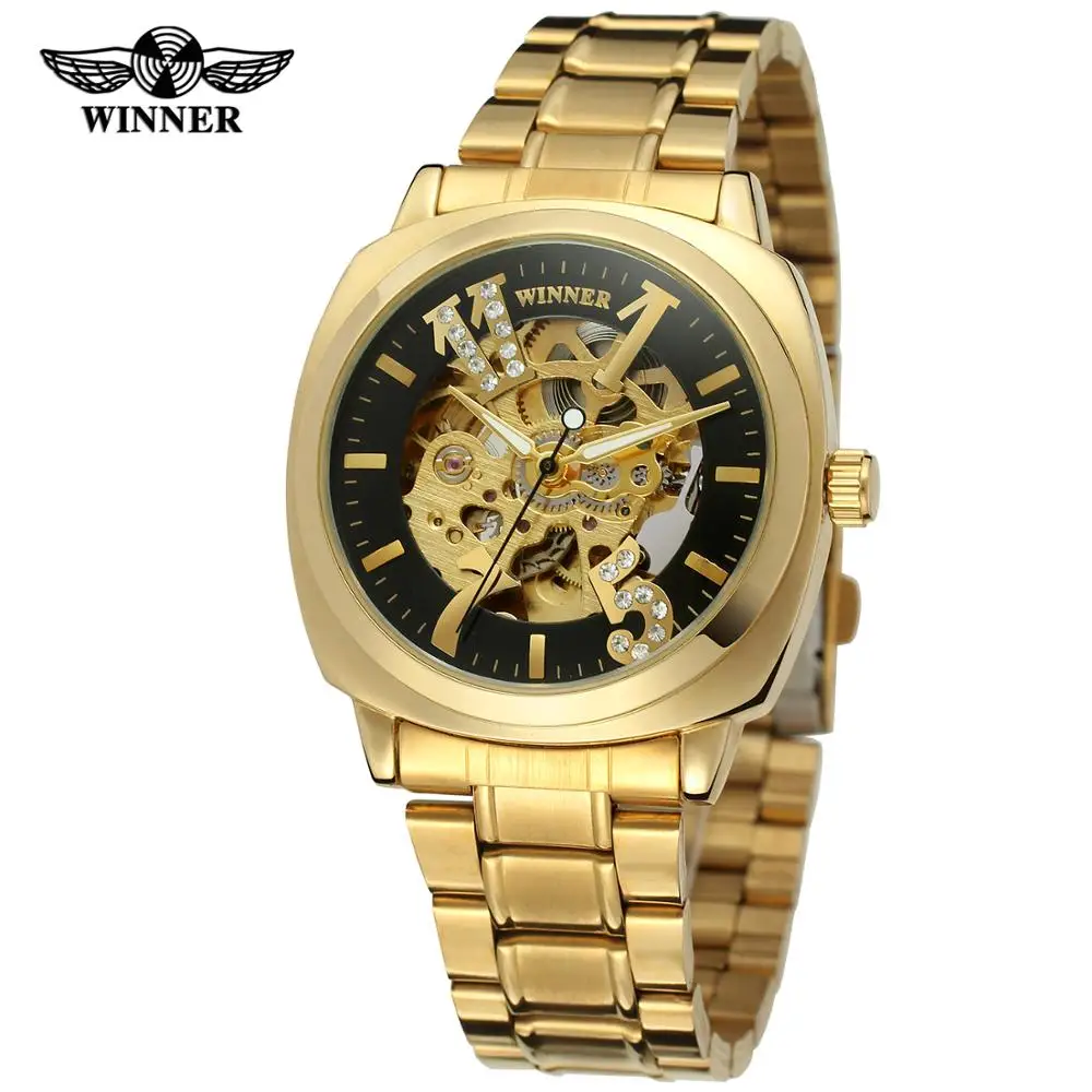 

WINNER brand golden hollow automatic mechanical watch stainless steel watch skeleton steampunk male clock Relogio Masculino
