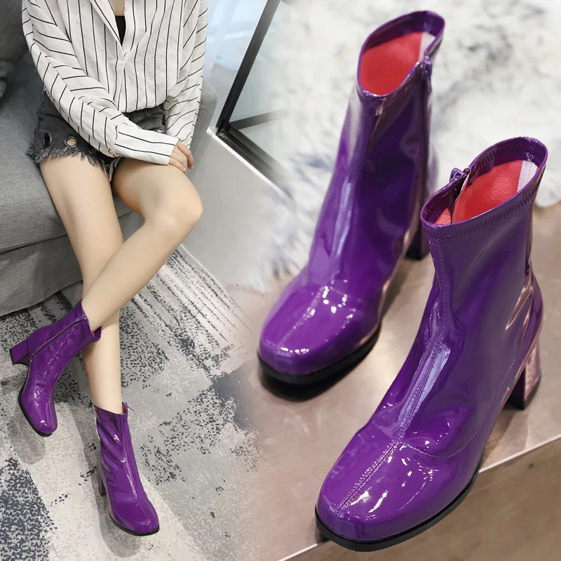 

2020 Spring/Autumn Hot Sales Women Ankle Boots Patent Leather Thick High Heels Motorcycle Boots Women's Shoes Martin Boots Blue